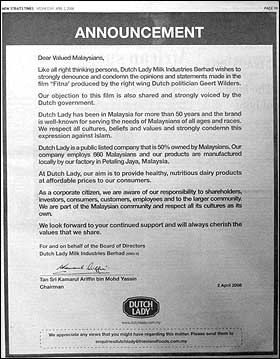 dutch lady fitna annocement advertisment 020408