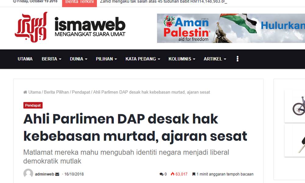 Portal ISMA pertahan tulisan dakwa MP desak kebebasan murtad