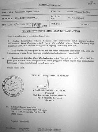 sarawak state termination letter of 7 village heads 090908