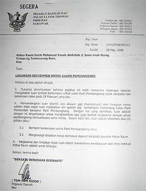 sarawak state warning letter to village heads for supporting opposition parties 090908