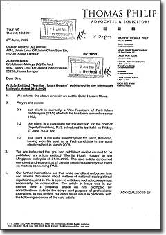 husam musa lawyer letter to utusan malaysia on article 050609