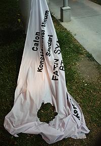 usm campus election banner burn 200211 pro-m candidate fatin  syamila banner