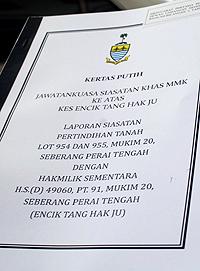 penang government table white paper on land scandal 030511