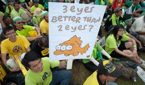 An anti Lynas activist displays a placard during a Green Gathering 2.0 in Kuantan