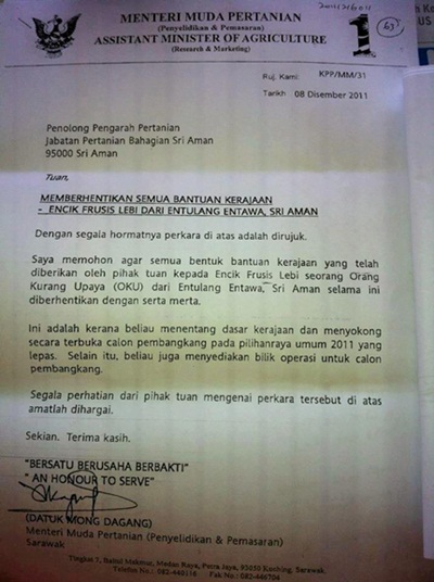 mong dagang sarawak assistant agriculture minister letter