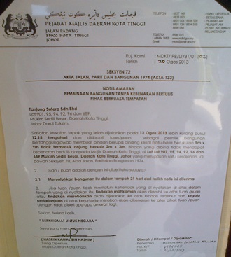 kota tinggi demolition notice for tanjung sutera surau